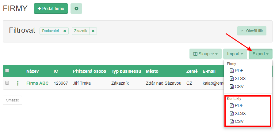 Snadný export kontaktů do pdf, xls a csv