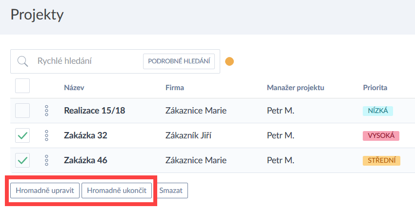 Změna projektů