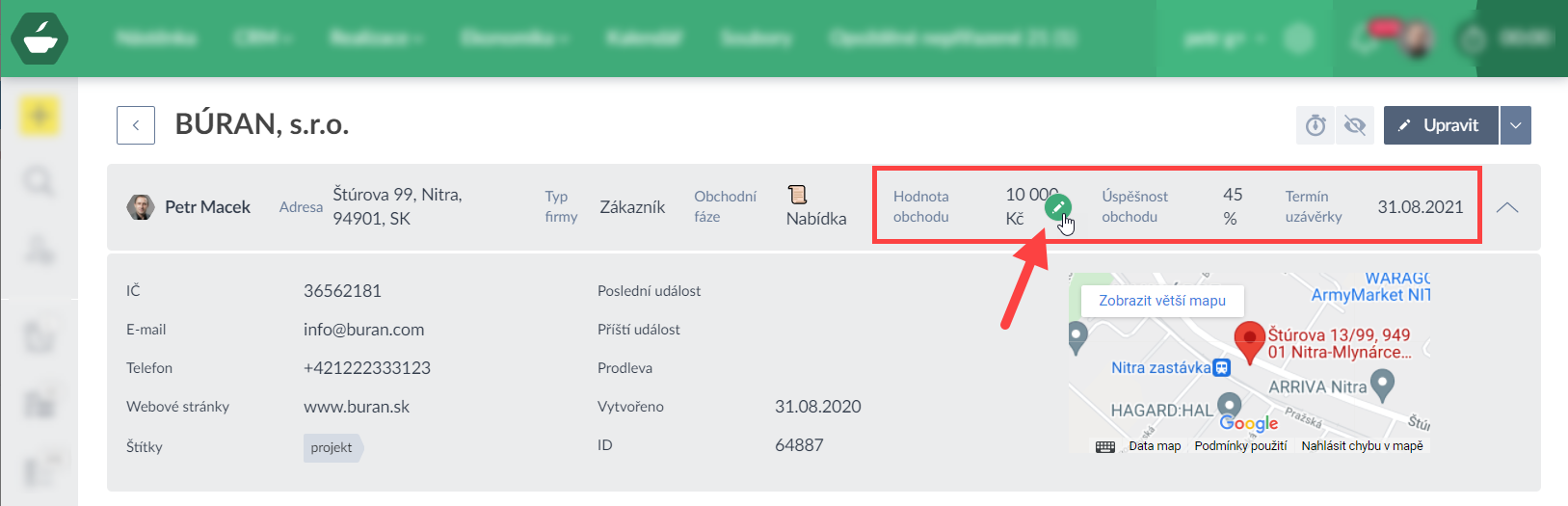 CRM - hodnota a pravděpodobnost obchodu (nastavení, detail)