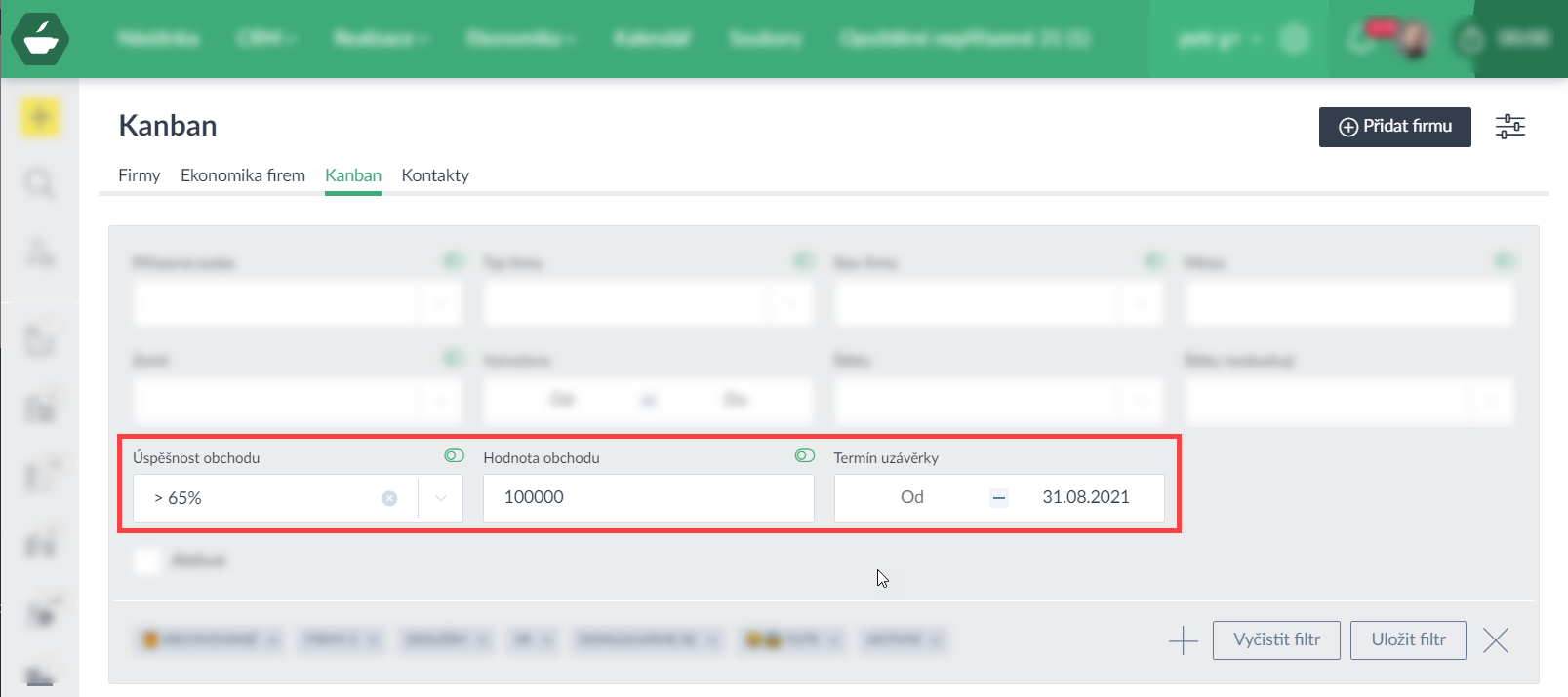 CRM - hodnota a pravděpodobnost obchodu (filtry)