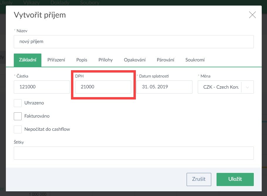 sledovat DPH v Cashlow - příjmy a výdaje