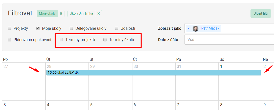 Možnost zobrazit trvání projektů a úkolů