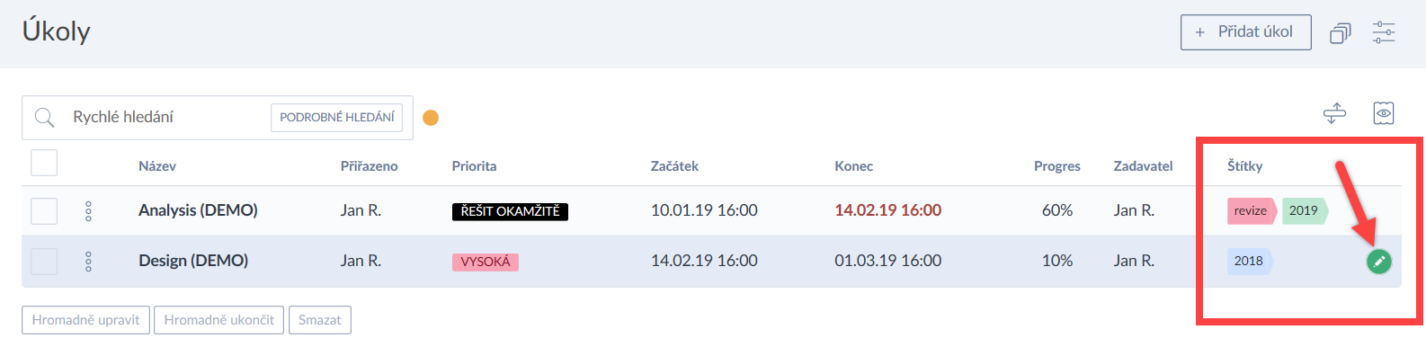 Zadejte štítek přes inline editaci