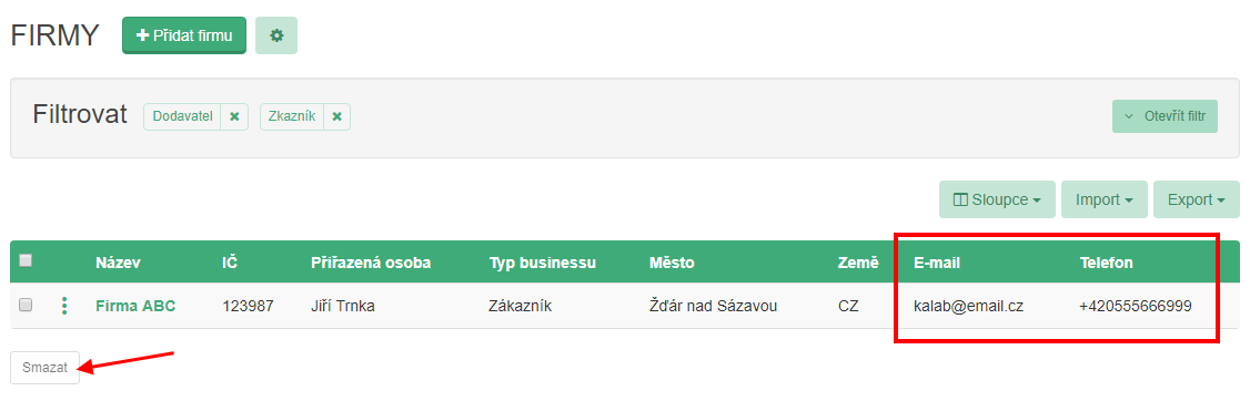 Nové sloupce pro e-mail a telefon v přehledu firem