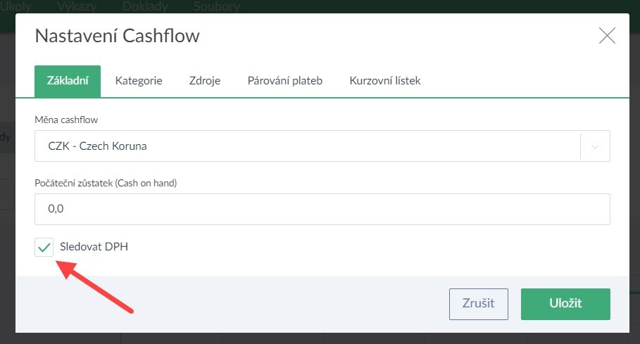 sledovat DPH v Cashlow - nastavení