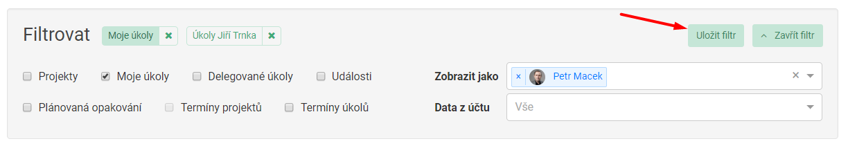 Možnost uložit si filtr v kalendáři