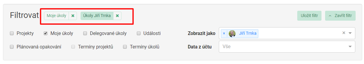Možnost zobrazovat si uložené filtry