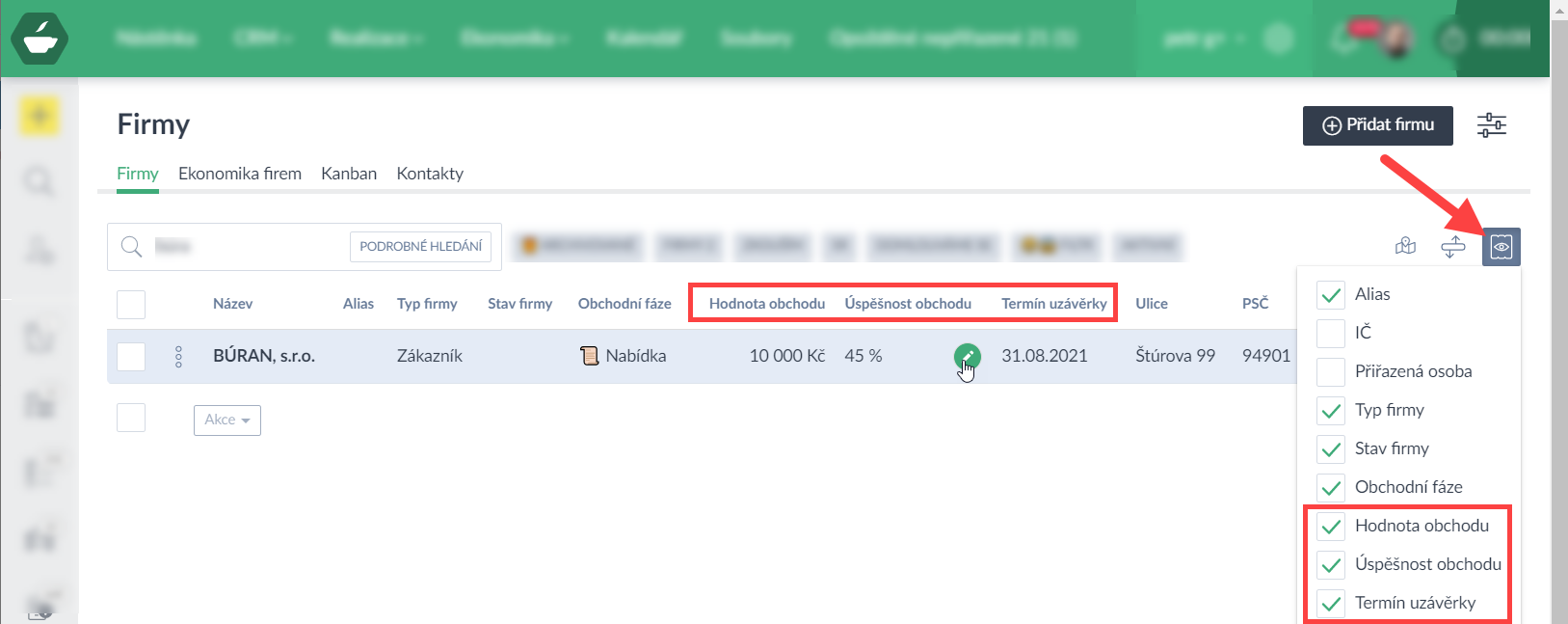 CRM - hodnota a pravděpodobnost obchodu (nastavení, přehled)