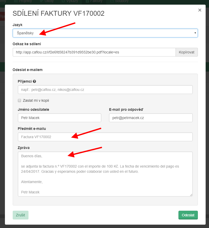 Sdílení faktury v cizím jazyce