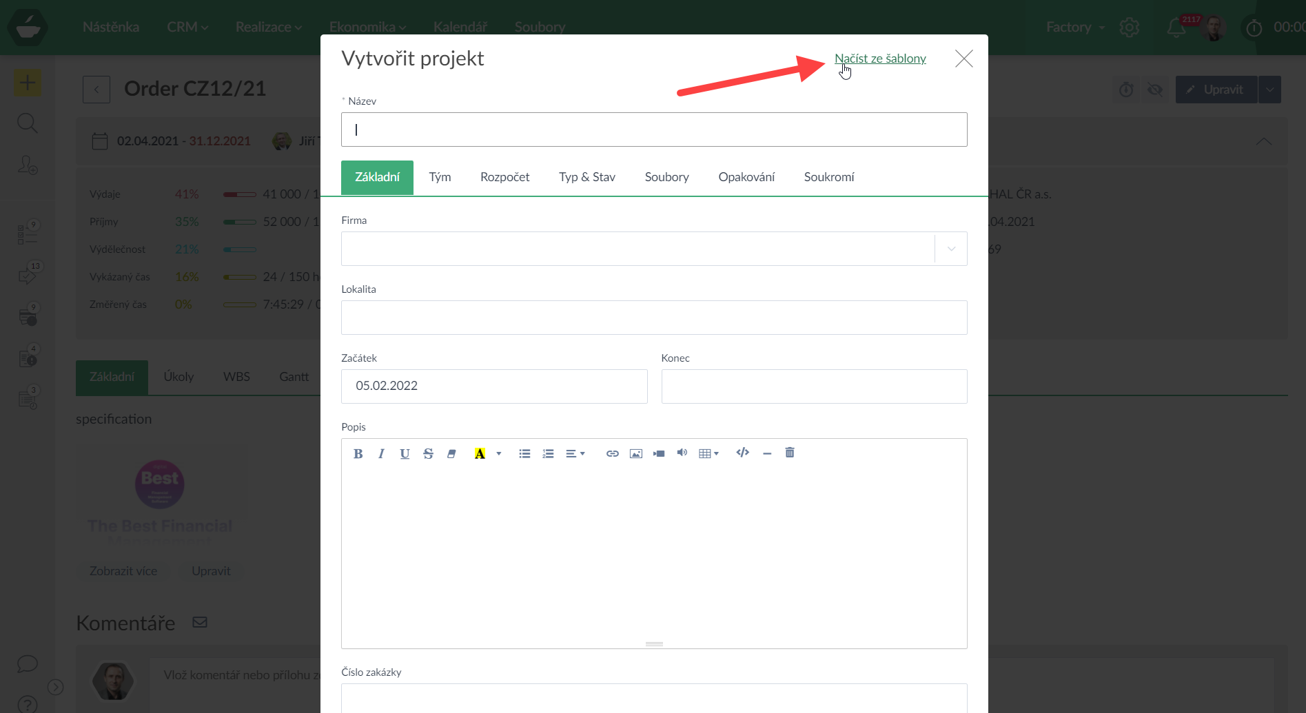 Vytvořit projekt ze šablony