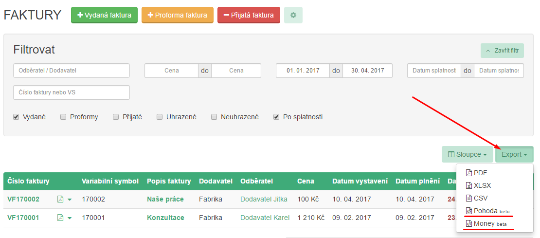 Caflou umí exportovat XML do Pohody a Money