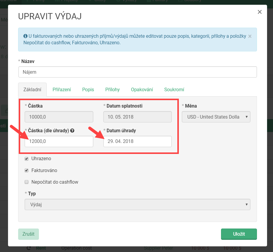 formulář příjmu/výdaje - datum a částka úhrady