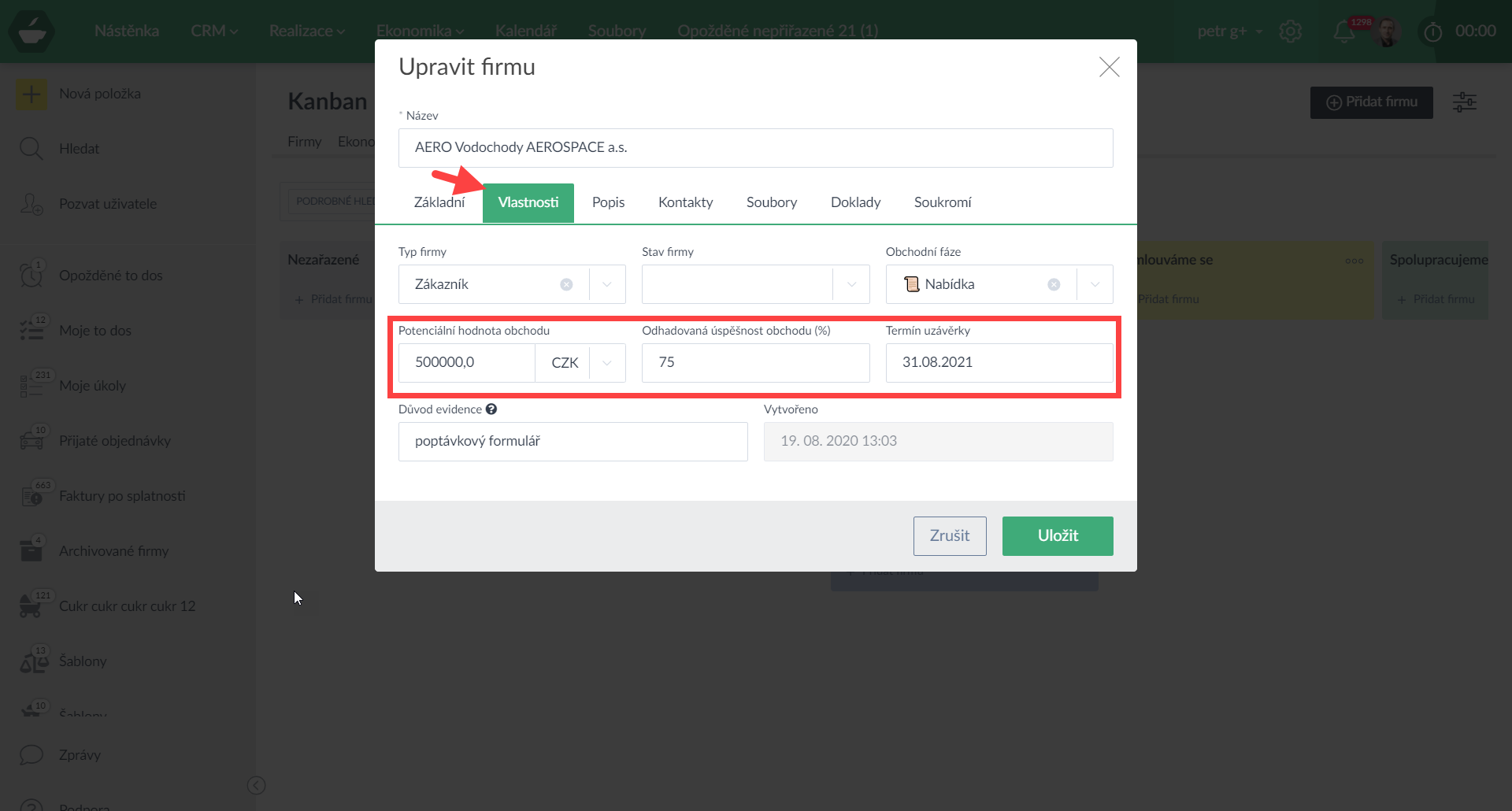 CRM - hodnota a pravděpodobnost obchodu (nastavení)