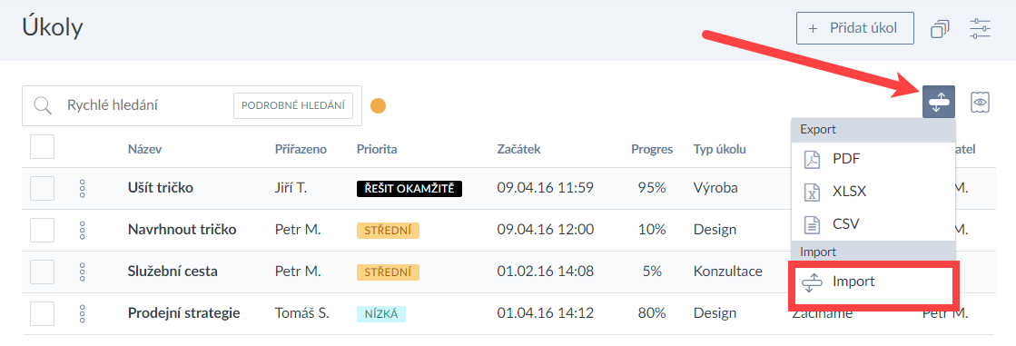 Nové importy úkolů, projektů, výkazů
