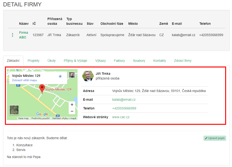Kontaktní údaje viditelně v detailu firmy