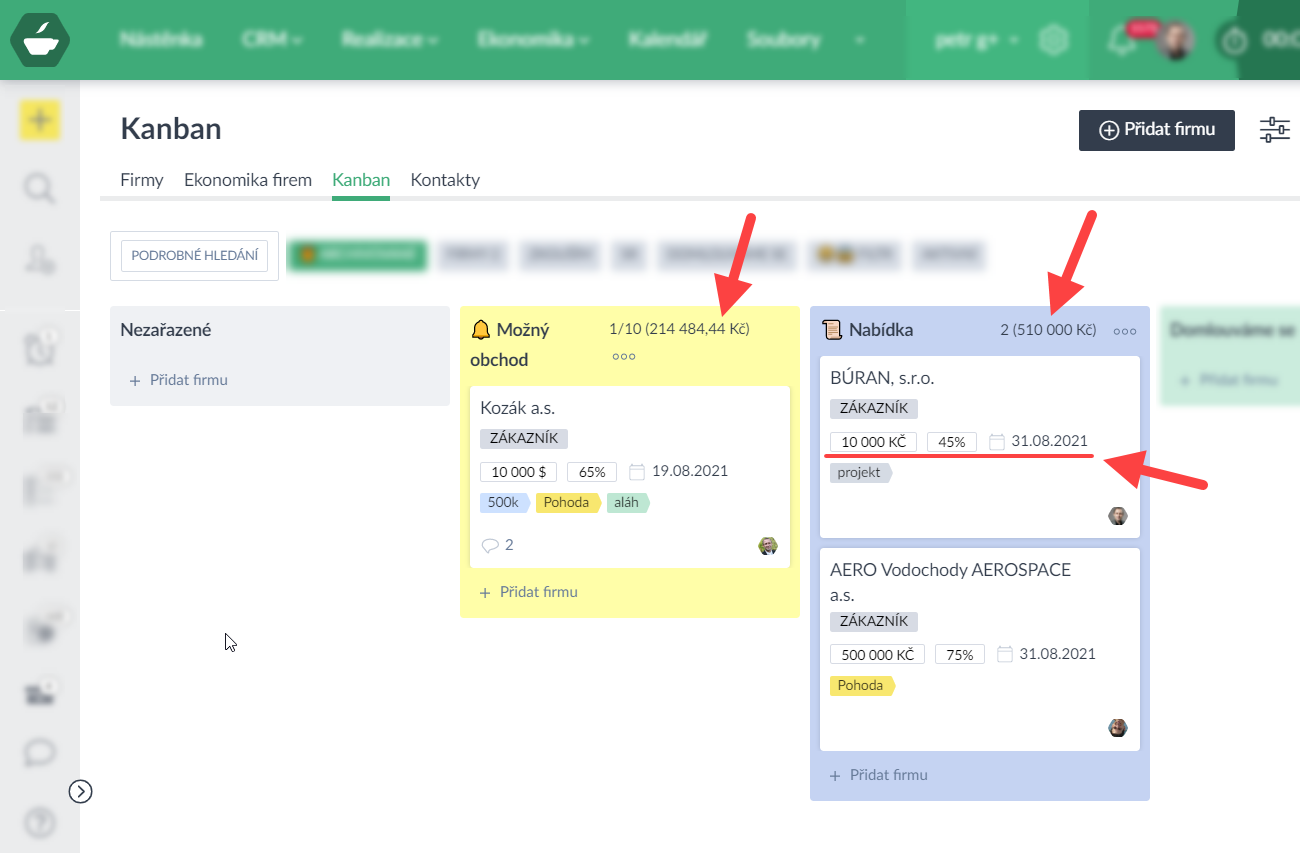 CRM - hodnota a pravděpodobnost obchodu (Kanban)